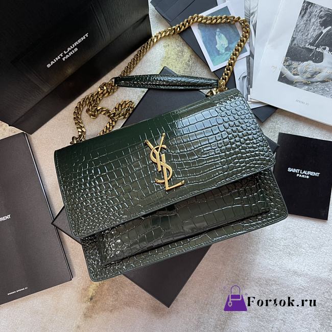 Ysl Medium Sunset Chain Bag In Crocodile Leather Green 442906 22x16x8cm - 1