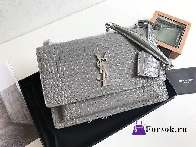 Ysl Medium Sunset Chain Bag In Crocodile Leather Gray 442906 22x16x8cm - 1