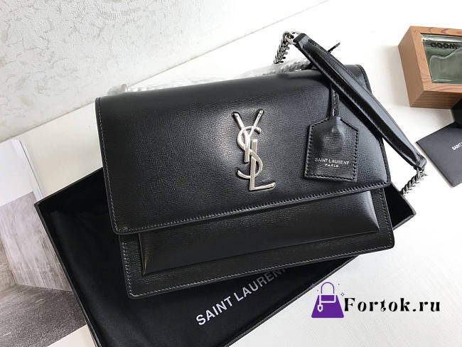 Ysl Medium Sunset Chain Bag In Leather Black Silver-tone Metal 442906 22x16x8cm - 1