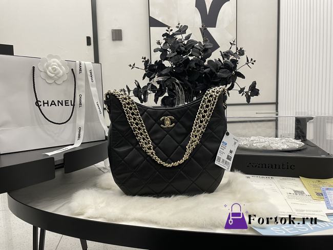Chanel Hobo Handbag Lambskin Leather Black AS3153 26×26×8cm - 1