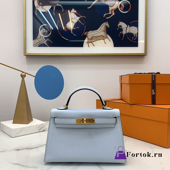 Hermes Mini Kelly Epsom Leather Blue Brume 19cm - 1