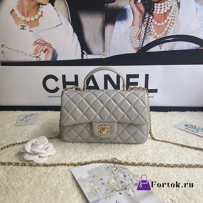 Chanel Mini Flap Bag With Top Handle Leather Grey AS2431 20x13x9cm - 1