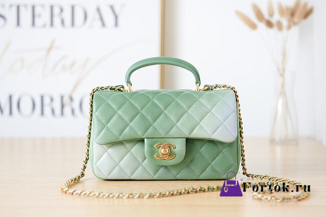 Chanel Mini Flap Bag With Top Handle Leather Light Green AS2431 20x13x9cm - 1