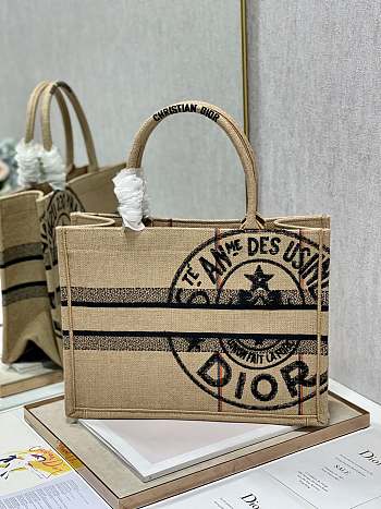 Dior Small Book Tote Jute Canvas Embroidered Beige M1296 36cm