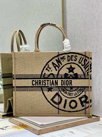 Dior Large Book Tote Jute Canvas Embroidered Beige M1286 41cm