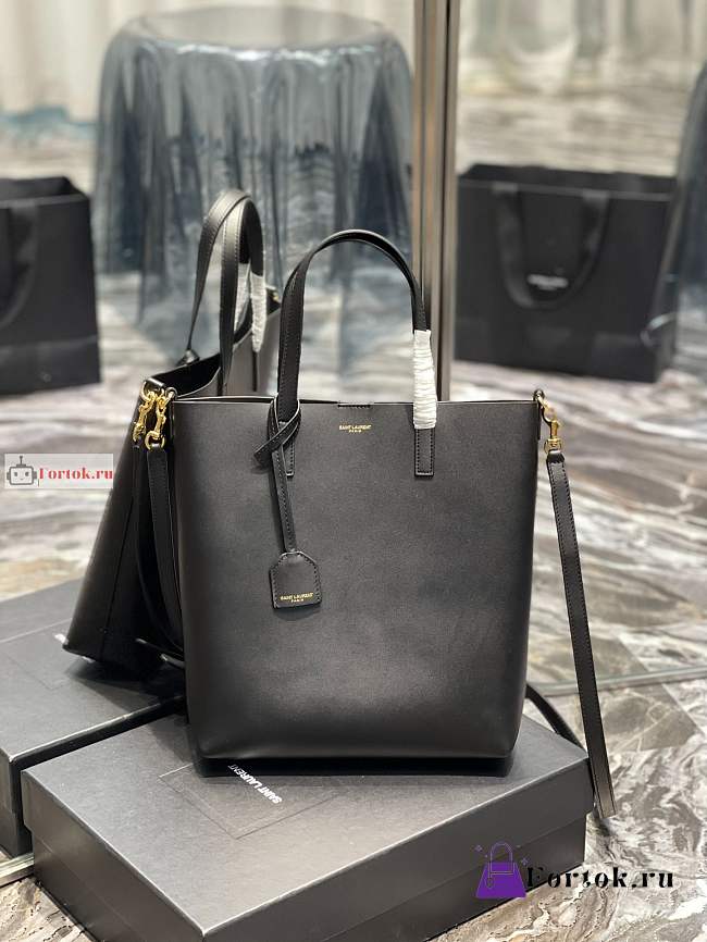 Ysl Shopping Tote Bag Calfskin Leather Black 600307 25x28x8cm - 1