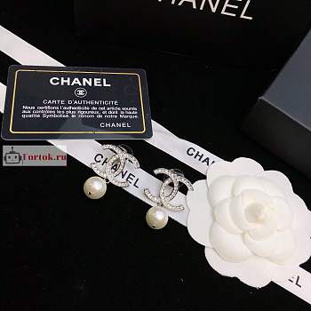 Chanel CC Logo With Pearl Drop In Silver-tone Earrings