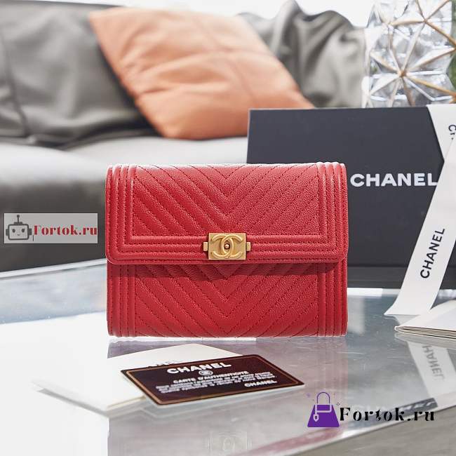 Chanel Boy Wallet Chevron In Grained Leather Red A84385 10×15×3.5cm - 1