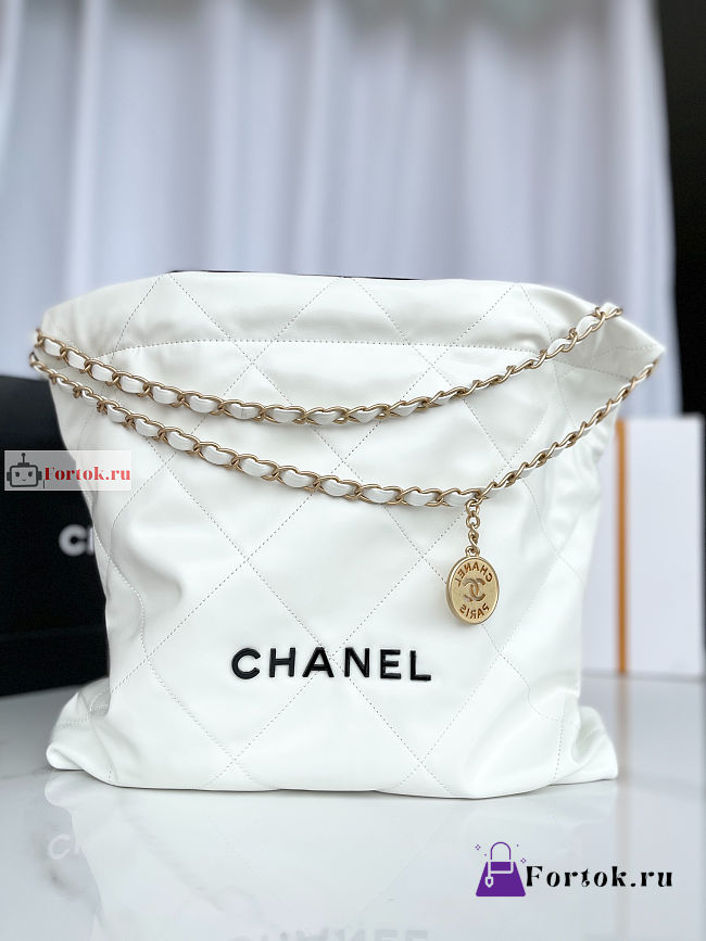 Chanel 22 Handbag Calfskin Leather Black Logo White AS3261 38×42×8cm - 1