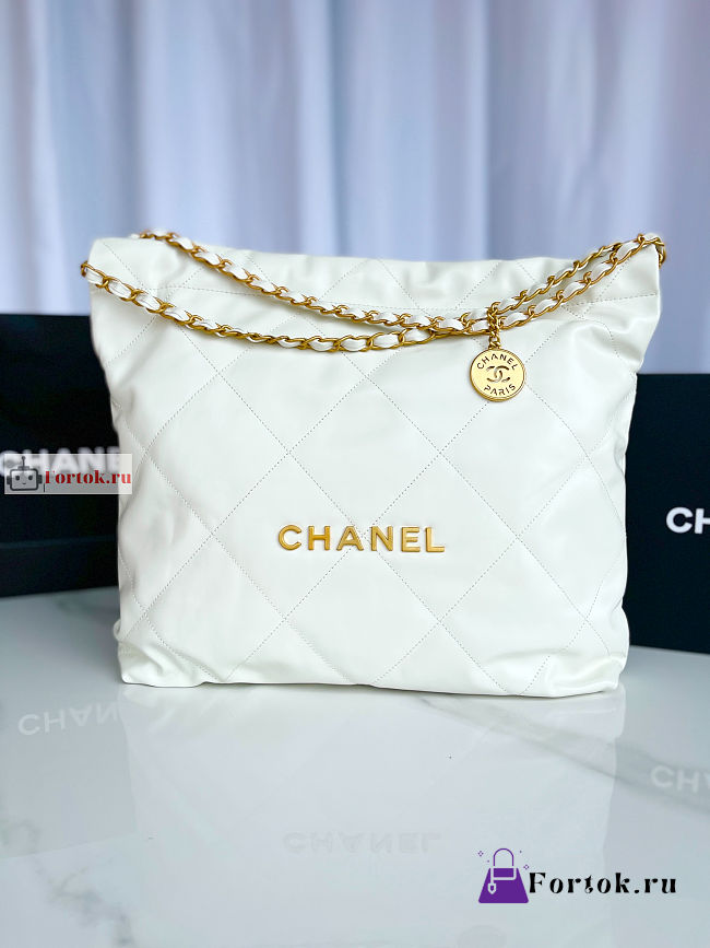 Chanel 22 Handbag Calfskin Leather Gold Logo White AS3261 38×42×8cm - 1