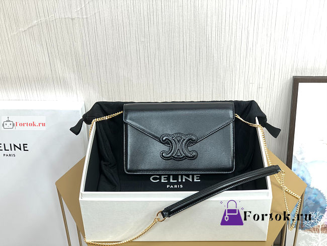 Celine Wallet On Chain Triomphe In Shiny Leather Black 10J733 19x11x4cm  - 1