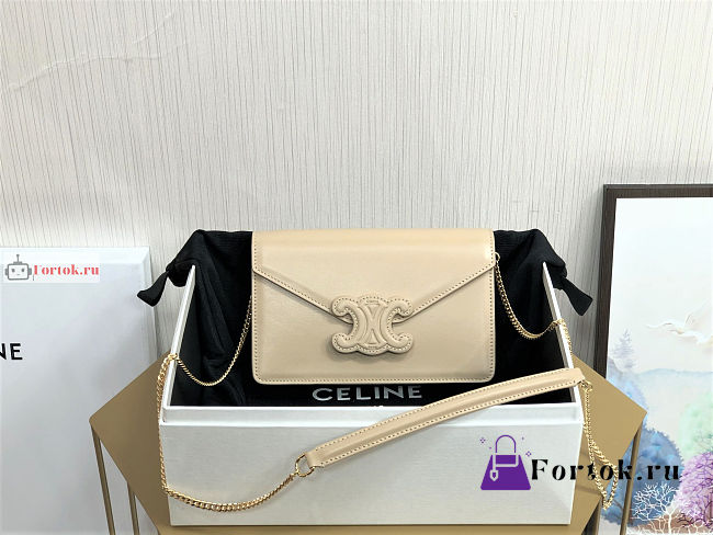 Celine Wallet On Chain Triomphe In Shiny Leather Light Beige 10J733 19x11x4cm  - 1