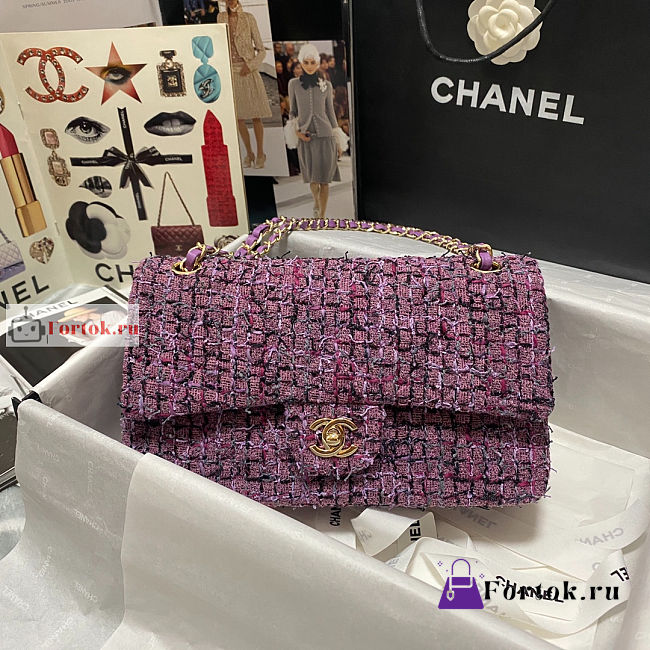 Chanel Classic Bag In Tweed Purple A01112 25x7x16cm - 1