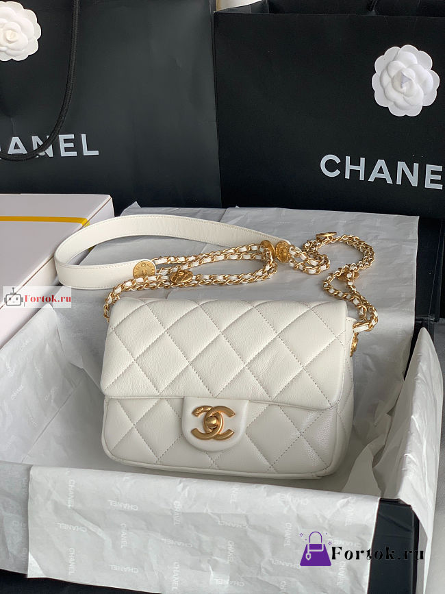 Chanel Small Flap Bag Gold Coin In Grained Leather White AS3369 21x14.5x6cm - 1