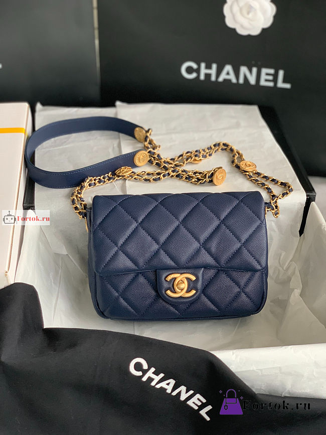 Chanel Small Flap Bag Gold Coin In Grained Leather Navy AS3369 21x14.5x6cm - 1