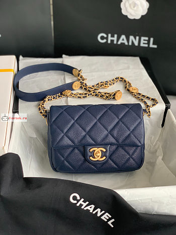 Chanel Small Flap Bag Gold Coin In Grained Leather Navy AS3369 21x14.5x6cm