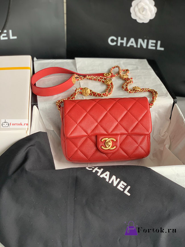 Chanel Small Flap Bag Gold Coin In Grained Leather Red AS3369 21x14.5x6cm - 1