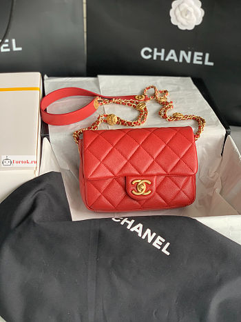 Chanel Small Flap Bag Gold Coin In Grained Leather Red AS3369 21x14.5x6cm