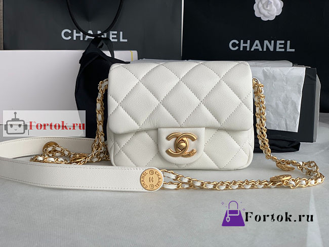 Chanel Mini Flap Bag Gold Coin In Grained Leather White AS3368 17x13x5.5cm - 1