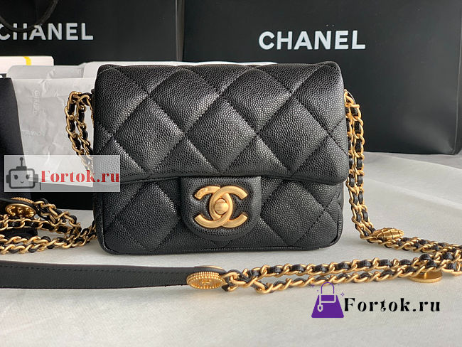 Chanel Mini Flap Bag Gold Coin In Grained Leather Black AS3368 17x13x5.5cm - 1