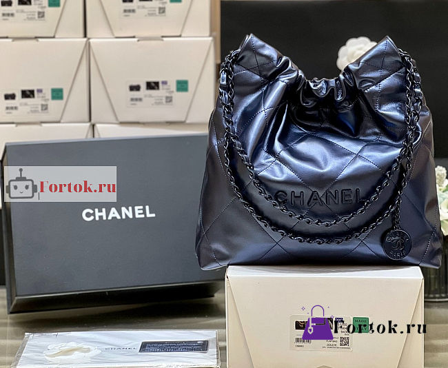 Chanel 22 Handbag Calfskin Leather Shiny Blue AS3261 38×42×8cm - 1