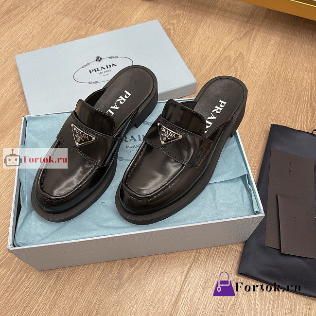 Prada Chocolate Brushed Leather Mules Black 1D652M - 1