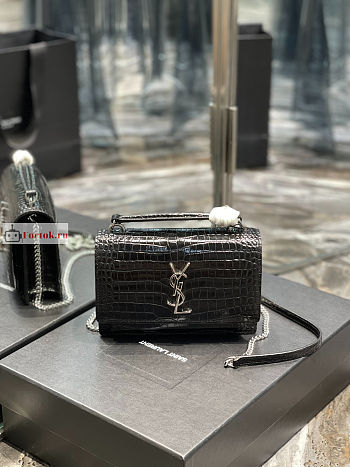 Ysl Sunset Wallet On Chain In Crocodile Leather Silver-tone Black 533026 19x14x5.5cm