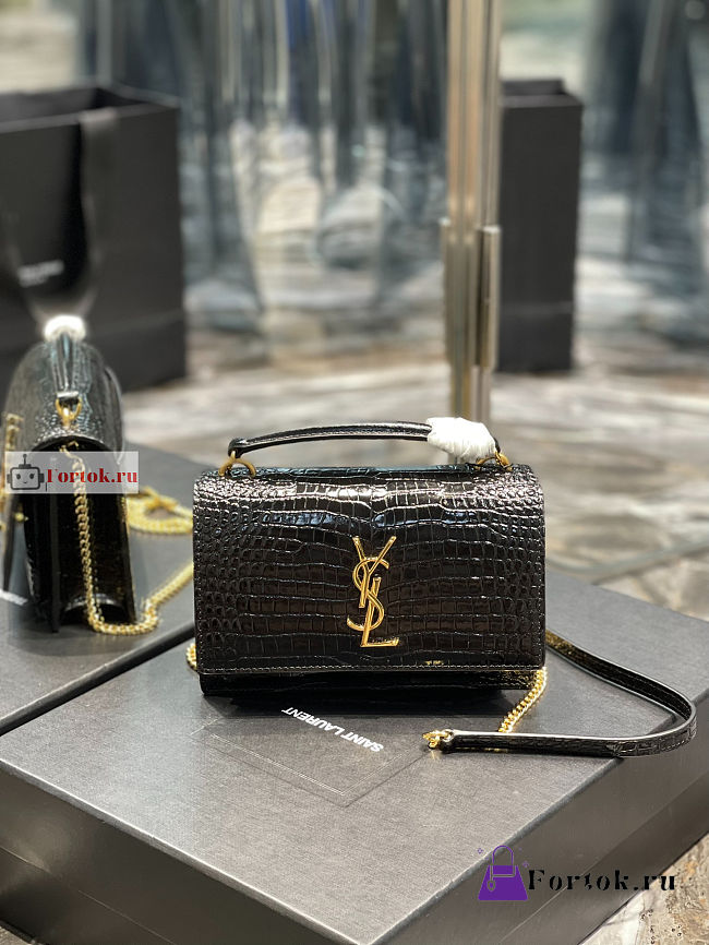 Ysl Sunset Wallet On Chain In Crocodile Leather Black 533026 19x14x5.5cm - 1