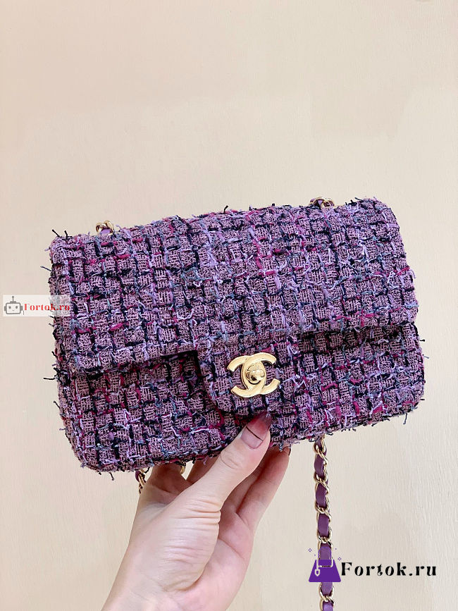 Chanel Mini Classic Flap Bag Tweed Purple A01116 20cm - 1