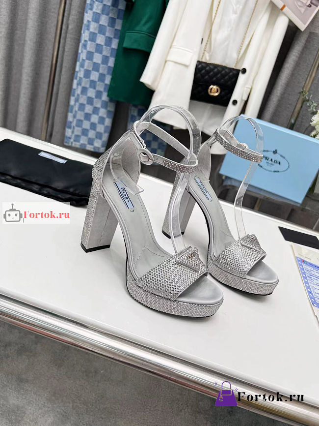 Prada Crystal Ankle-Strap Platform High Heels Silver 110mm - 1