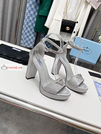 Prada Crystal Ankle-Strap Platform High Heels Silver 110mm