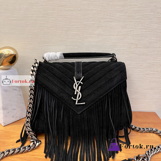 Ysl Medium College Chain Bag In Suede With Fringes Black 5317050 24x17x6.5cm - 1