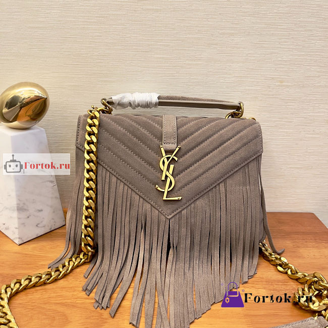 Ysl Medium College Chain Bag In Suede With Fringes Dusty Grey 5317050 24x17x6.5cm - 1