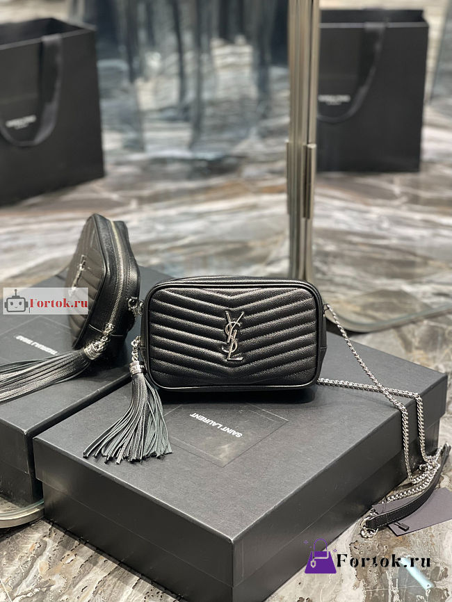 Ysl Mini Lou Bag In Grained Leather Silver-tone Black 6125791 19x10.5x5cm - 1