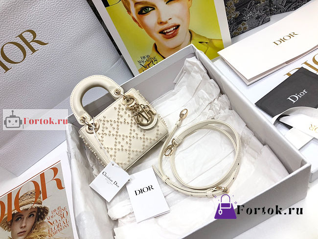 Dior Micro Lady Dior Bag With Resin Pearls White S0856 12x10.2x5cm - 1