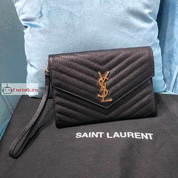 Ysl Flap Pouch In Grained Leather Black 617662 21×6×3cm