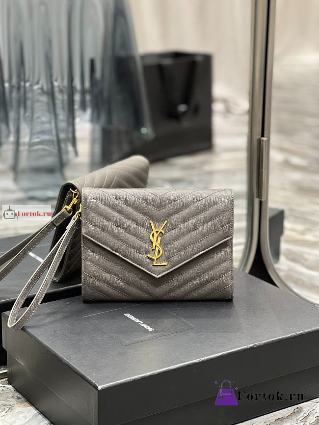 Ysl Flap Pouch In Grained Leather Grey 617662 21×6×3cm - 1