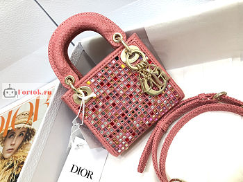 Dior Micro Lady Dior Bag Metallic Canvas With Crystals Pink S0856 12x10.2x5cm