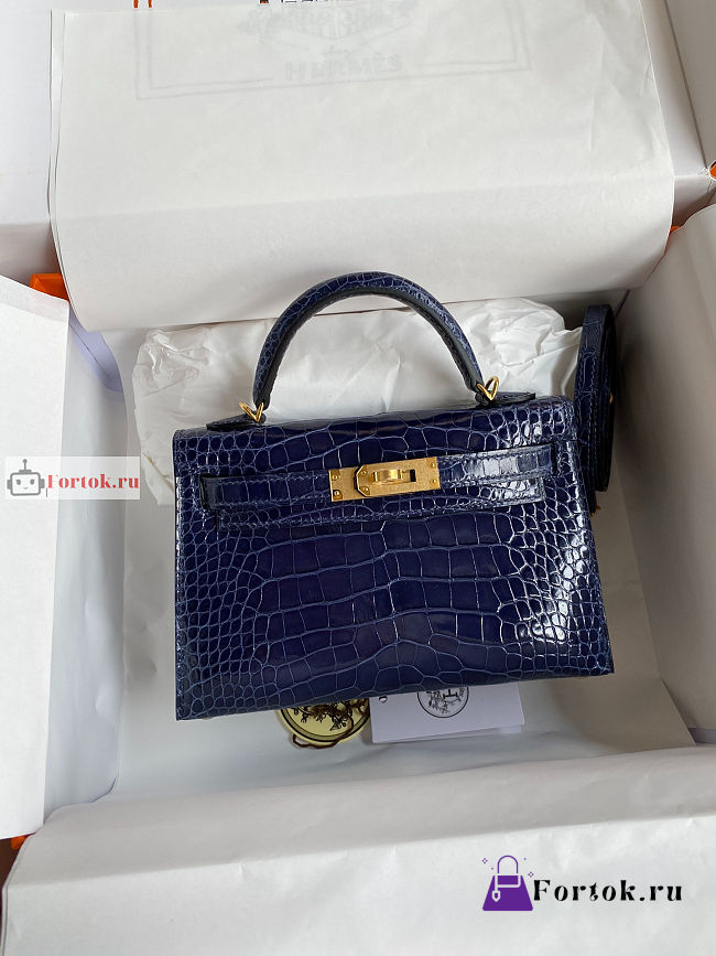 Hermes Mini Kelly With Top Handle In Crocodile Leather Blue 19cm - 1