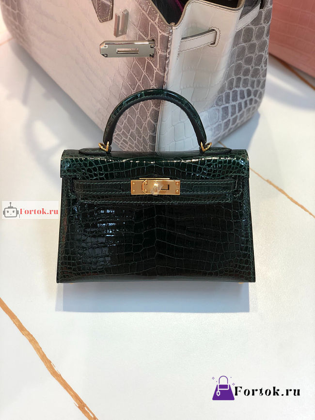 Hermes Mini Kelly With Top Handle In Crocodile Leather Green 19cm - 1