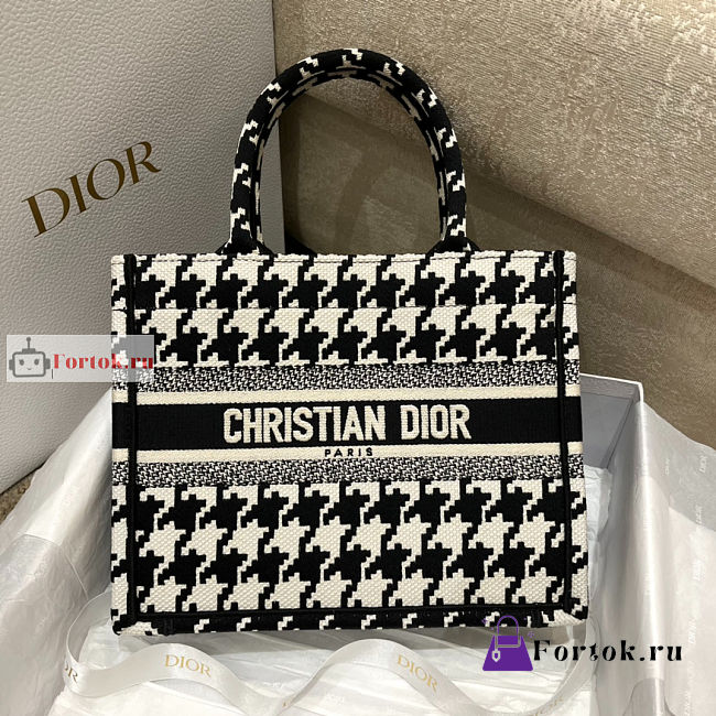 Small Dior Book Tote Black and White Houndstooth Embroidery (26.5