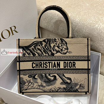 Dior Medium Book Tote Macro Toile de Jouy Tiger Embroidery Brown/Black M1296 36x27.5x16.5cm