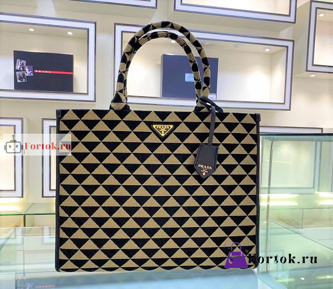 Prada Large Symbole Jacquard Fabric Handbag Beige 1BA356 39x31x11cm - 1