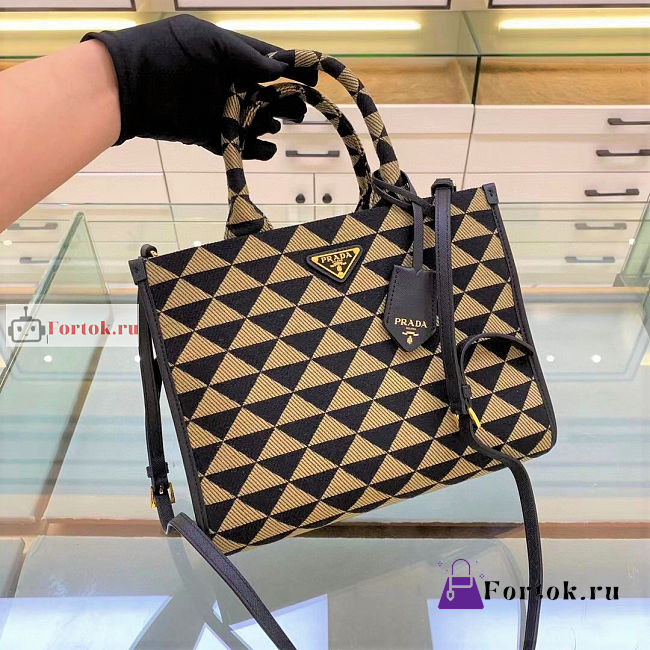 Prada Small Symbole Jacquard Fabric Handbag Beige 1BA354 28x22x9cm - 1