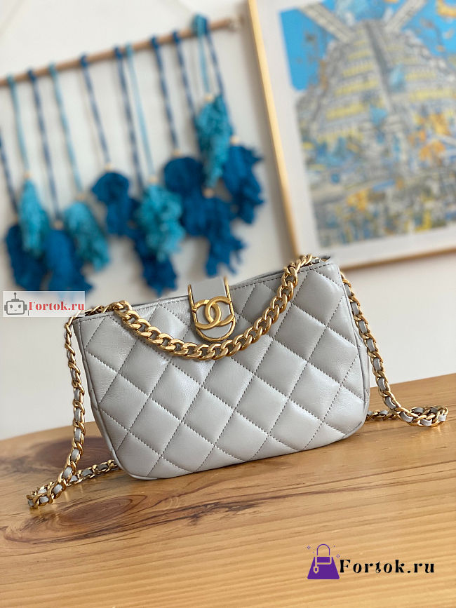 Chanel Hobo Handbag Lambskin Leather Gray AS3476 17x23x7cm - 1