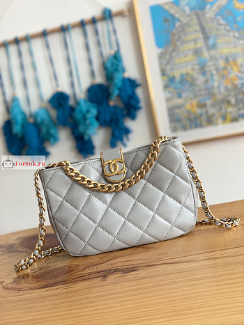 Chanel Hobo Handbag Lambskin Leather Gray AS3476 17x23x7cm