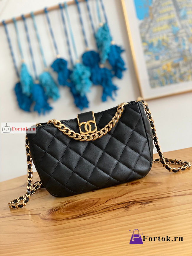 Chanel Hobo Handbag Lambskin Leather Black AS3476 17x23x7cm - 1