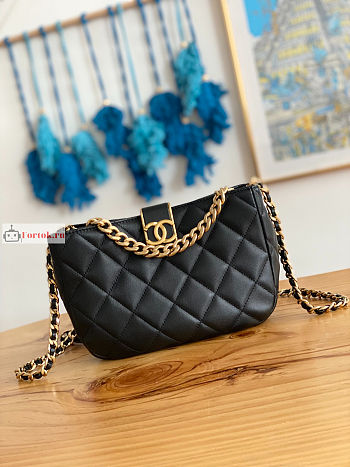 Chanel Hobo Handbag Lambskin Leather Black AS3476 17x23x7cm