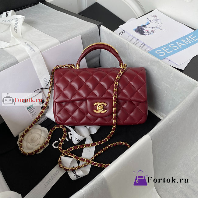 Chanel Mini Flap Bag With Top Handle Burgundy AS2431 20x12x6cm - 1