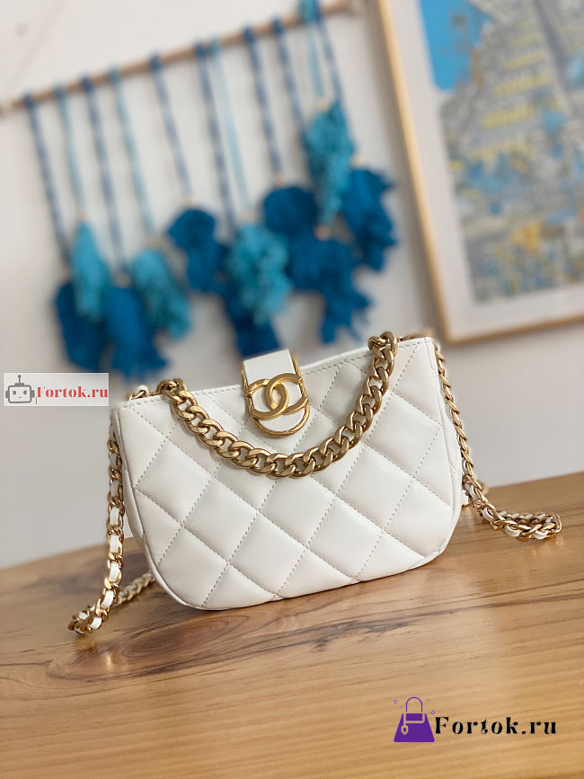 Chanel Small Hobo Handbag Lambskin Leather White AS3475 12.5x19x6.5xcm - 1